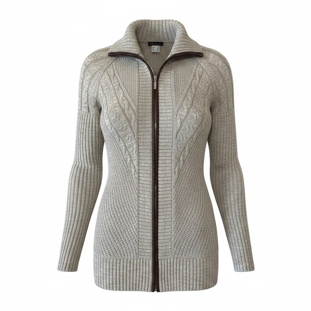 Venus Womens XS Oatmeal Beige Cable Knit Full Zip Cardigan Sweater Faux Leather